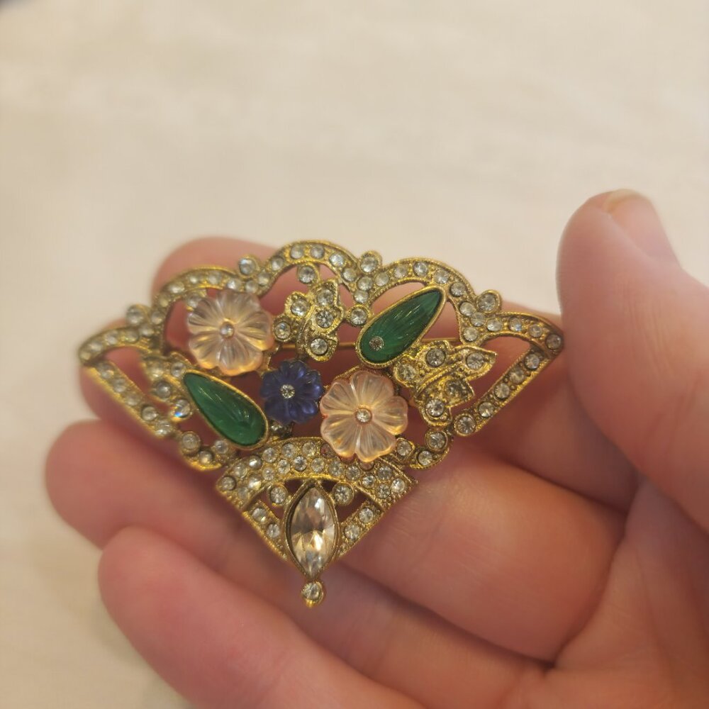 Vintage Glass Rhinestone Fan Brooch - Picture 6 of 6